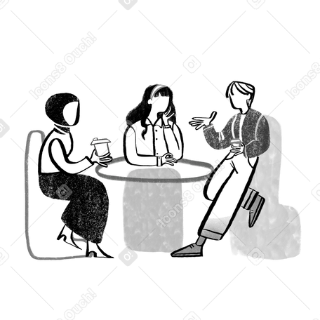 Black and white three women talking while drinking coffee Illustration in PNG, SVG