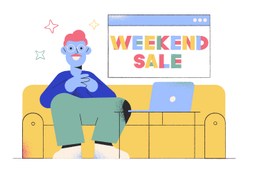 Schriftzug weekend sale mit mann auf der couch PNG, SVG