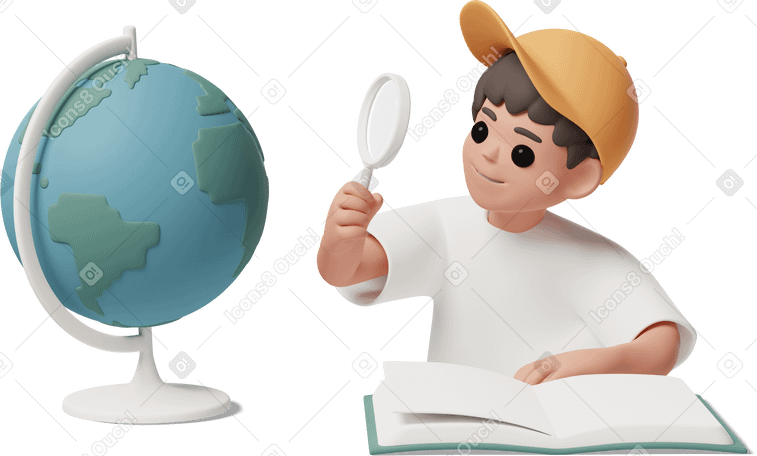3D boy looking at the globe through magnifying glass Illustration in PNG, SVG