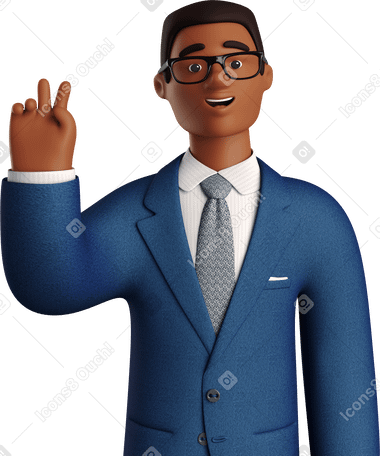 3D black businessman in blue suit with peace sign hand Illustration in PNG, SVG