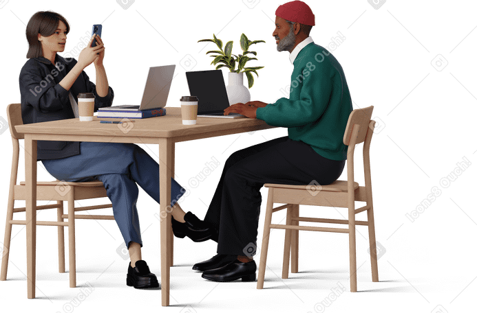 3D young woman taking picture of man working on laptop в PNG, SVG