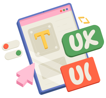 Letras ux/ui con texto de tableta, cursor y botones PNG, SVG