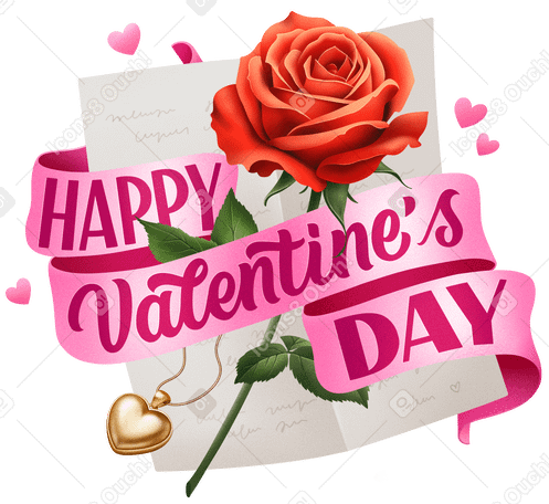 Надпись с днем святого валентина с красной розой и письмом в PNG, SVG
