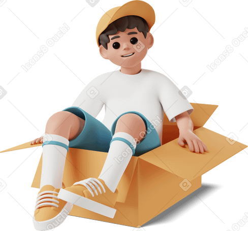 3D boy sitting in cardboard box Illustration in PNG, SVG
