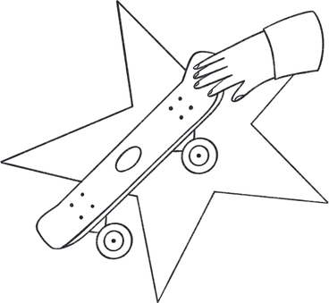 Hand holding a skateboard in front of a big star PNG, SVG