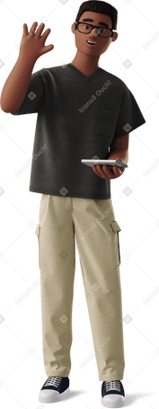 3D young man standing with a phone and waving his hand PNG, SVG
