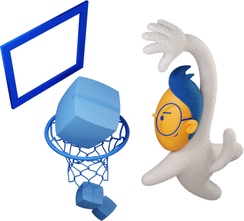 Boy putting boxes in basketball hoop eagerly turned right Illustration in PNG, SVG
