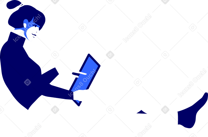 La ragazza è seduta con la gamba tesa e lavora su un tablet PNG, SVG
