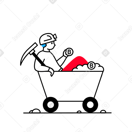 Man in a helmet in a trolley with bitcoins mined Illustration in PNG, SVG