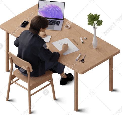 3D isometric view of young woman sketching furniture в PNG, SVG