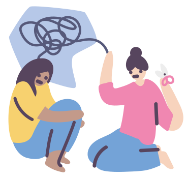 Sad woman with a tangle of confused thoughts over her head sits in front of a woman with scissors ready to help PNG, SVG