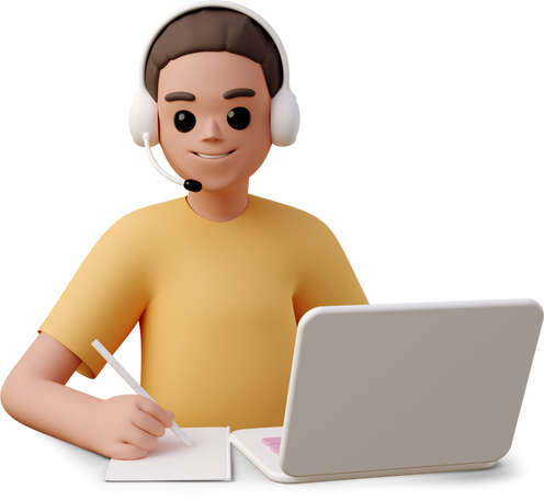 3D young woman in headset using laptop and taking notes Illustration in PNG, SVG