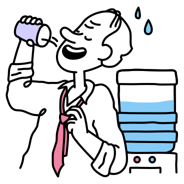L'uomo beve avidamente l'acqua da un refrigeratore PNG, SVG