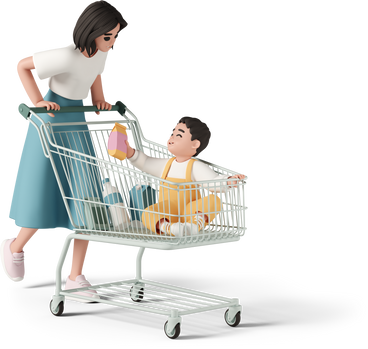 woman with baby in supermarket cart PNG, SVG
