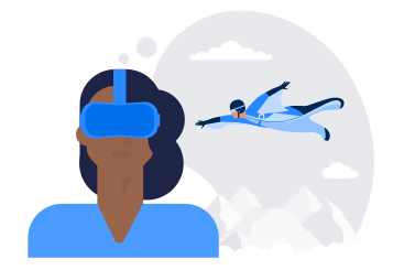 Frau im vr-headset sieht einen fliegenden mann PNG, SVG