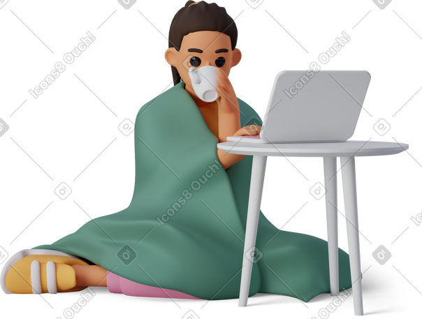 3D young woman with a blanket working on a laptop PNG, SVG