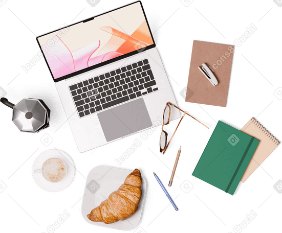 3D top view of laptop, notebooks, cup of coffee, croissant, stapler, pen, and pencil PNG, SVG