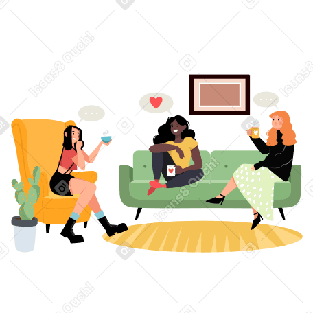 Three girlfriends drink tea at home and talk Illustration in PNG, SVG