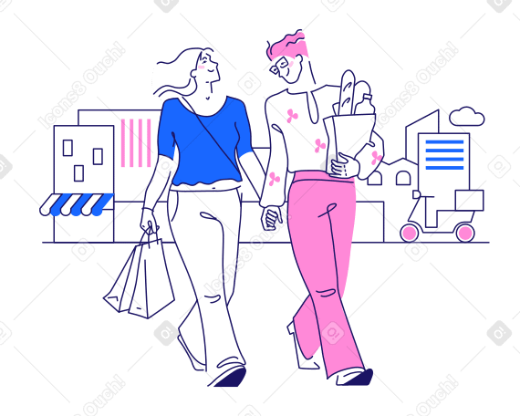 Two female friends go hand-in-hand shopping on background of city cafe Illustration in PNG, SVG