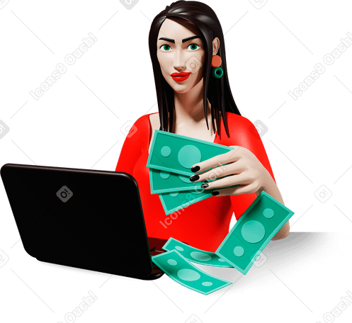 3D smiling woman with laptop and money PNG, SVG