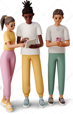3D young people looking at gadgets Illustration in PNG, SVG