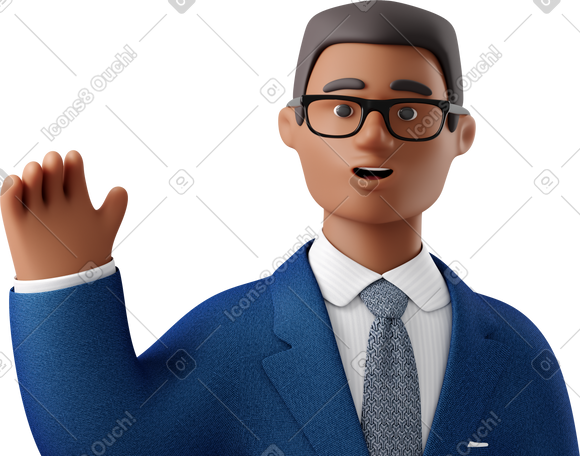 3D close up of black businessman in blue suit waving goodbye PNG, SVG