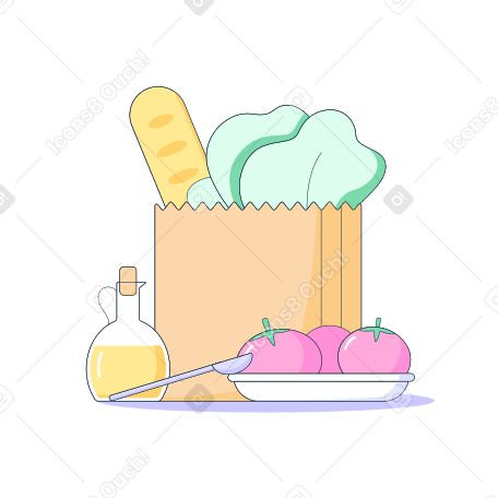 Baguette and salad in a paper bag, tomatoes on a plate and olive oil Illustration in PNG, SVG