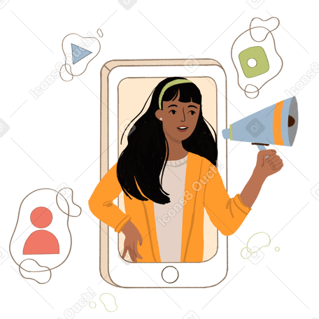 Mädchen mit megaphon-social-media-vernetzung auf einem telefon PNG, SVG