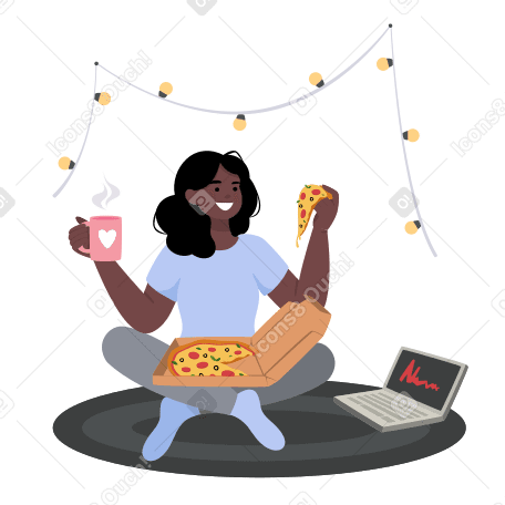 Girl eats pizza and watches movies Illustration in PNG, SVG