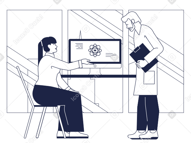 Scientists studying atom by the computer PNG, SVG