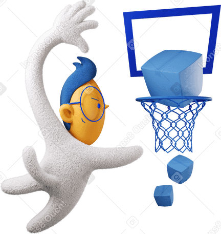 3D Boy putting boxes in basketball hoop eagerly Illustration in PNG, SVG