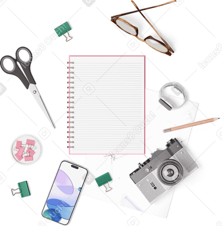 3D top view of notebook, smartphone, camera, glasses, smartwatch and scissors PNG, SVG