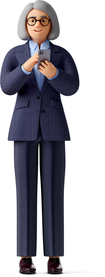 old businesswoman in formalwear and glasses with phone looking straight PNG, SVG