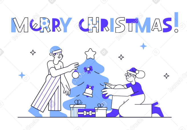 Merry Christmas text over a guy and a girl in Christmas hats decorate the Christmas tree with presents PNG, SVG