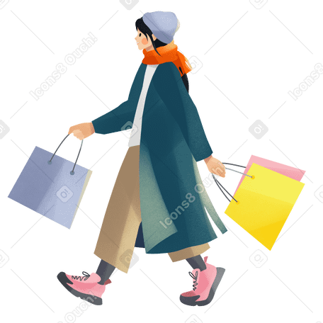 Young woman walking after shopping Illustration in PNG, SVG