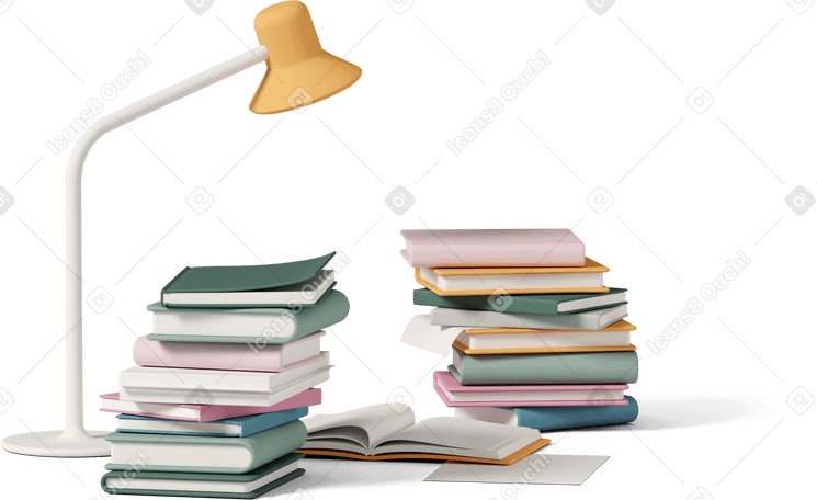 3D workplace with stacks of books PNG, SVG