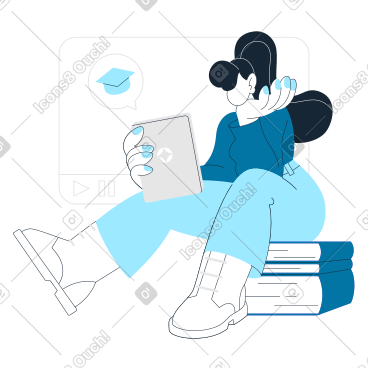 Woman sitting on a book pile and studying online PNG, SVG