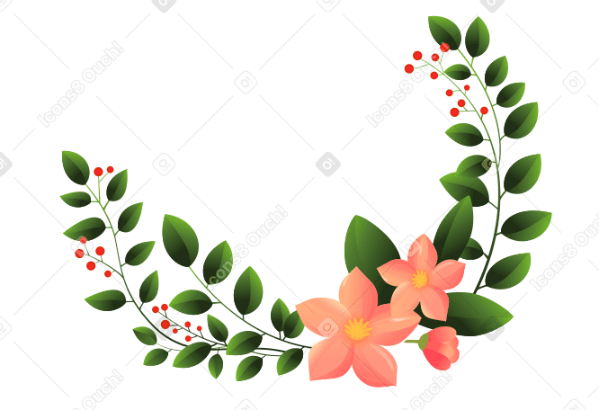 Composición semicircular con tres flores rosas y ramas verdes con frutos rojos PNG, SVG