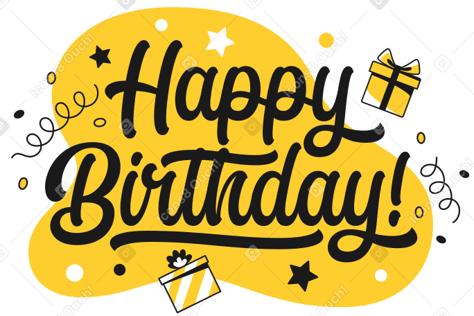 Letras de feliz aniversário com presentes e texto de decoração PNG, SVG