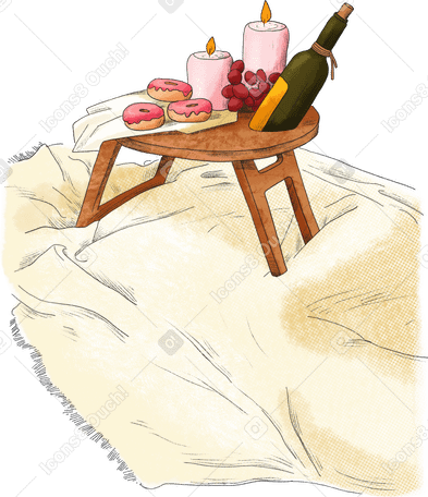wooden table with sweets and wine on the bedspread PNG, SVG