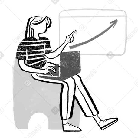 Black and white woman with long hair showing presentation with graphs Illustration in PNG, SVG