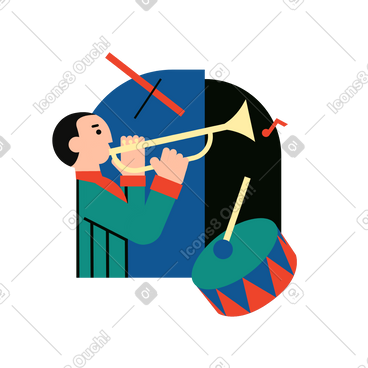 A musician playing the trumpet next to a drum动态插图，格式有GIF、Lottie (JSON)、AE