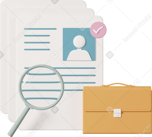 3D candidate resumes and briefcase Illustration in PNG, SVG