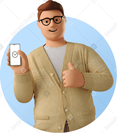 3D man with phone showing thumbs up PNG, SVG