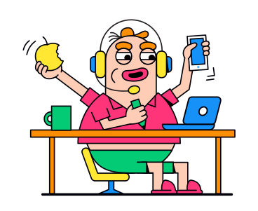 Tech support worker at desk with laptop PNG, SVG