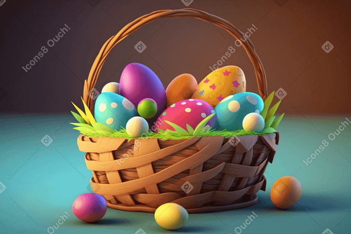 3D easter eggs in the wicker basket Illustration in PNG, SVG