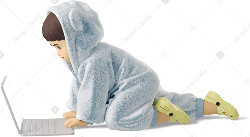 3D small child playing with a computer PNG, SVG