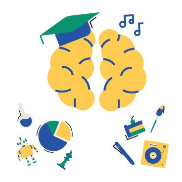 Brain in graduation hat with various talents and interests PNG, SVG