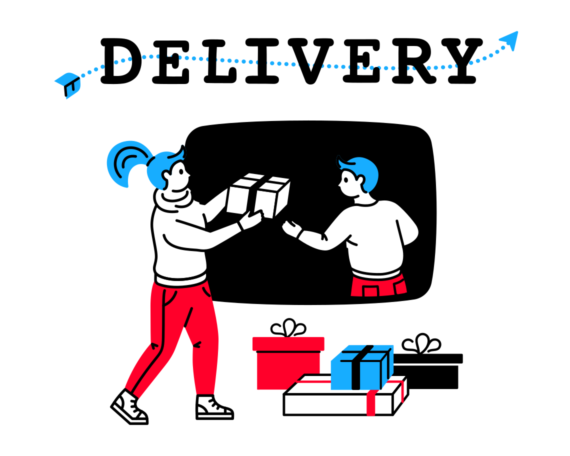 Delivery text and two people are loading parcels Illustration in PNG, SVG