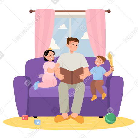 Dad reads a book to his son and daughter in the living room PNG, SVG